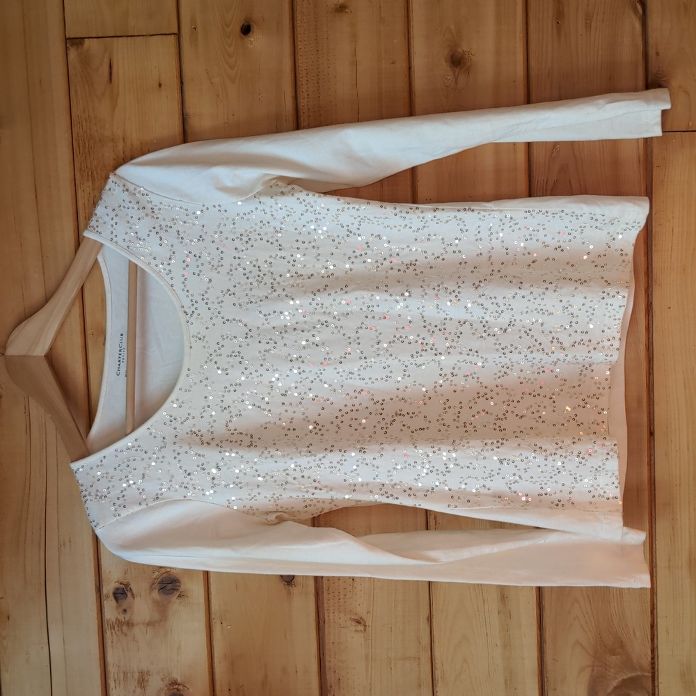 Charter Club long sleeve cream sequinned small cotton jersey top small p… - Picture 2 of 8